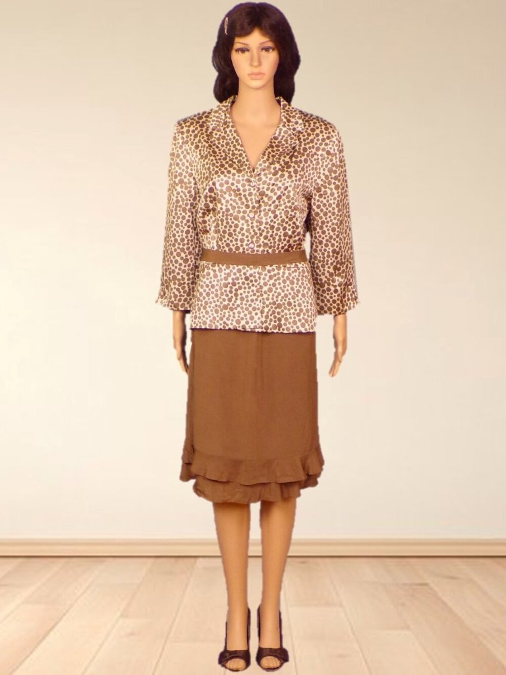 SILK! DAVID WARREN size 12 brown/beige 2-piece suit jacket/skirt 100% silk